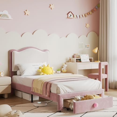 GarveeHome Upholstered Twin Bed Frame with Storage Drawer & Scallop Headboard, Princess Twin Size Platform Bed Frames for Kids Girls, Wooden Slats Support, No Box Spring Needed, Pink/White