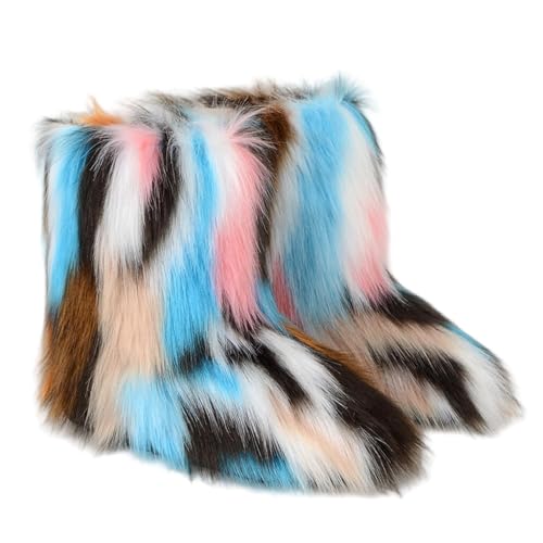 Nogkdyc Botas de mujer Calor Invierno Botas Enagua Falsas Pelo de Perro Mapache Botas Medianas Pelo de Zorro Falso Botas de Nieve Botas de Piel Sintética para Mujer