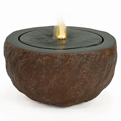 Sunnydaze Outdoor Water Fountain with LED Light - Polystone Round Bowl Bubbler Water Feature with Pump - 9.5