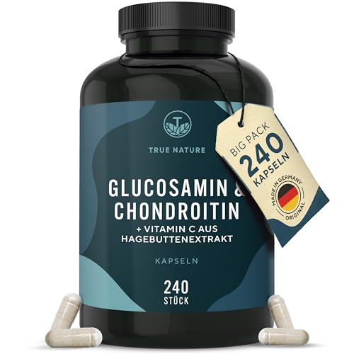 TRUE NATURE - Glucosamin Chondroitin hochdosiert - 240 Kapseln mit 2600mg Glucosamin & Chondroitin pro Tag - mit Vitamin C (trägt zur normalen Kollagenbildung bei) - Pharmazeutische Qualität - TRUE NATURE - -25%