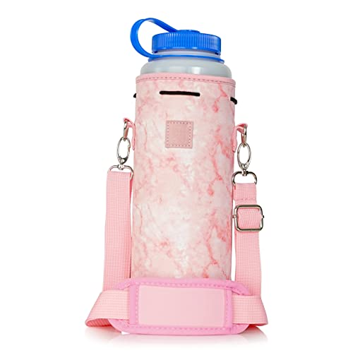 Made Easy Kit Neoprene Water Bottle Carrier Holder with Adjustable Shoulder Strap for Insulating & Carrying Water Container Canteen Flask Available in 5 Sizes (Pink Marble, Tall & Large 48oz)
