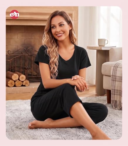 Image of ENJOYNIGHT Womens Pajama Sets Cotton Pj Set Short Sleeve Top With Capri Pants Sleepwear 2 Piece Lounge Set