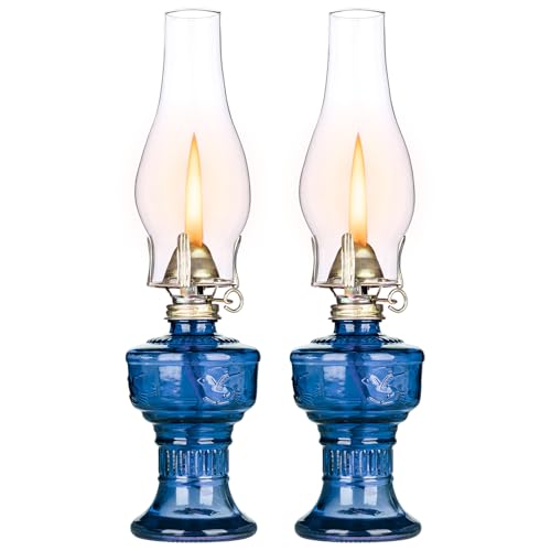 2 Pcs Chamber Oil Lamps for Indoor Vintage Kerosene Lamp Rustic Hurricane Kerosene Lantern with Adjustable Fire Wick Lighting Oil Lantern for Tabletop Decor and Emergency Lighting (Blue)