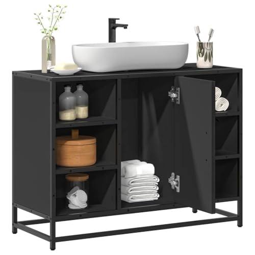 IBUQDDV Mobile Lavabo Bagno con Struttura Metallo, Mobile Bagno Design Industriale Retro, Piano Appoggio Truciolato Resistente, Ampio Spazio Portaoggetti, Colore Nero 80x33x60 cm