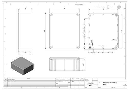 HeiGroup - MB3 ABS Kunststoffgehäuse mit Deckel, Mehrzweckgehäuse, Modulgehäuse, (LxBxH) 119 x 99 x 45 mm, mit Leiterplattenführung, Schwarz - Poliert