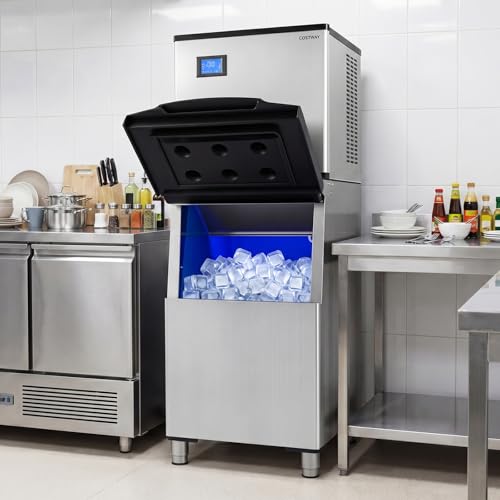 COSTWAY Commercial Ice Maker 450 LBS/24H with 250 LBS Storage Bin, 156PCS Clear Ice Cubes in 11 Mins, Industrial Freestanding Stainless Steel Ice Machine with Auto Self-Cleaning for Restaurant Cafe
