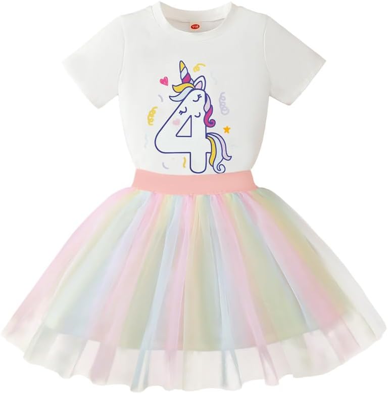 4th Birthday Outfit Girl,4 Year Old Fourth Four Shirt Skirt Outfit for Toddler Girls