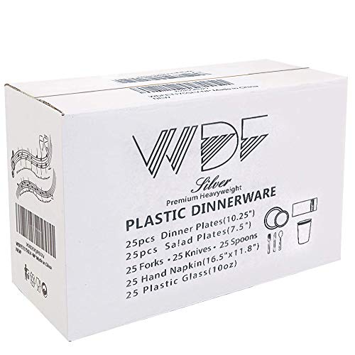 Wdf 175Pcs Silver Plastic Plates - Disposable Christams Plates Dinnerwar, Silver Plates Include 25 Dinner Plates,25 Salad Plates,25 Forks, 25 Knives, 25 Spoons, 25 Tumbler #TOP5