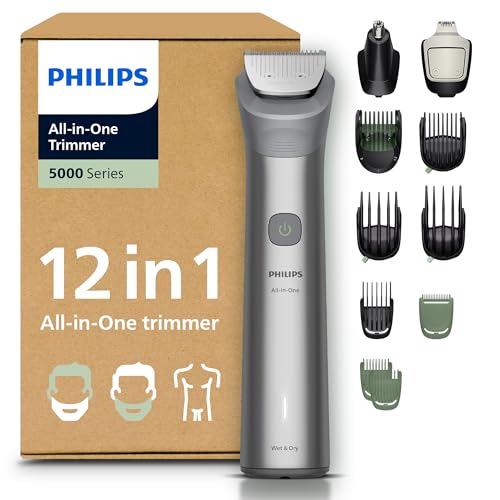 Philips Recortadora todo en uno de 12 en 1 Serie 5000 – Afeitadora y cortapelos hombre para rostro, cabeza y cuerpo, cuchillas de acero autoafilables, 20 longitudes, recargable, MG5952/30