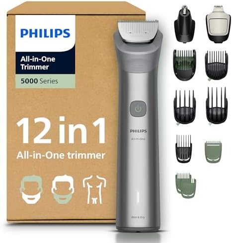 PHILIPS Multigroom Series 5000 All-in-One 12-teiliger Barttrimmer und Haarschneider für Gesicht, Kopf und Körper, selbstschärfende Metallklingen, 20 Längeneinstellungen (0,5-20 mm)