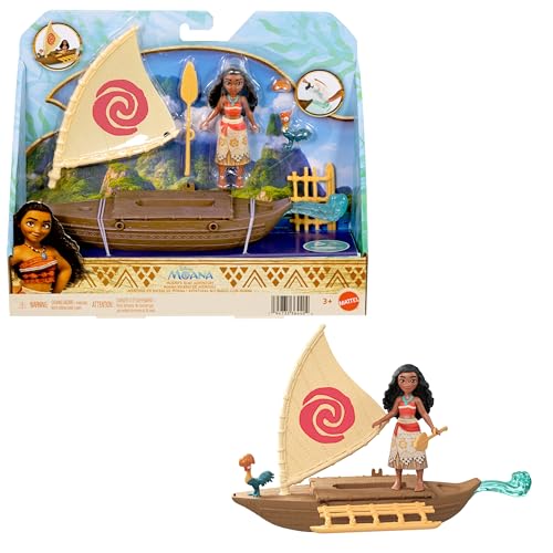 Mattel Disney Toys Moana Small Doll & Floating Boat Playset with Heihei Rooster Figure Wave Launcher & 2 Accessories Inspired by Movie