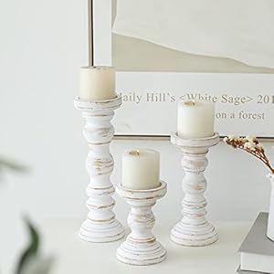 Rustic Farmhouse Wood Pillar Candle Holder Set of 3 for Candlestick White