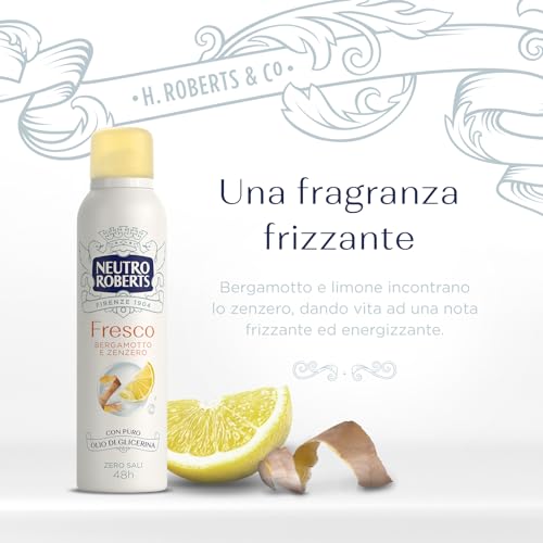 Neutro Roberts Deodorante Spray Fresco Giallo, Bergamotto e Zenzero, Zero Sali di Alluminio, Zero Macchie, con Puro Olio di Glicerina, Uomo e Donna, Dermatologicamente testato, 48h - 4 Pezzi da 150 ml - Immagine 1