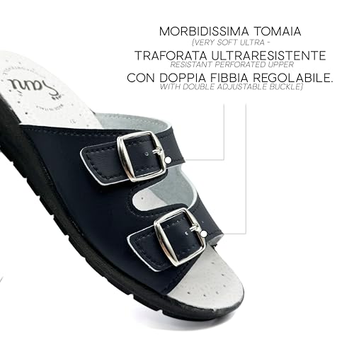 Ciabatte Donna Con Doppia Fascia Pantofole Sanitarie Sandali Fibbia Regolabile In Vera Pelle Punta Aperta (Blu, Sistema Taglie Calzature Eu, Adulto, Donna, Numero, Media, 37) - 4