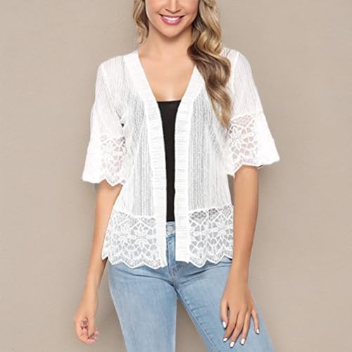 Women's Lace Patchwork Open Front Cardigan Lightweight Sheer Half Sleeve Bolero Shrug Jacket Summer Kimono Cover Up4