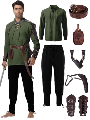 Renaissance Medieval Costume for Men - Pirate Costume 8 Pcs Set Halloween Adult Cosplay Outfit with Viking Belt Accessories (Green-Black L)