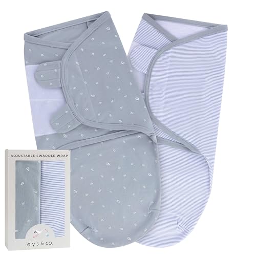 Image of Ely's & Co. Adjustable Swaddles for Newborn, Baby Swaddles 0-3 Months, Velcro Swaddle Sack for Baby Boy, 100% Cotton, 2 Pack (Blue Leaf)