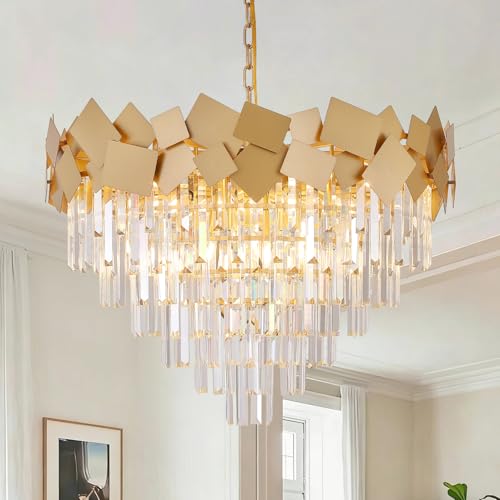 A AXILIXI Large Crystal Chandeliers 30'' Modern Gold Round Chandeliers for High Ceiling K9 6-Tier Large Brass Ceiling Chandelier Light Fixtures Luxury Chandelier for Staircase Foyer Living Room