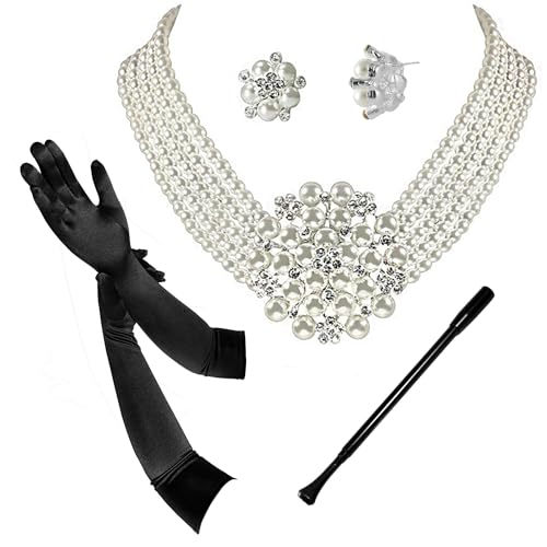 ROFIFY 1950s Vintage Costume Accessories Set for Women Multi-Strand Faux Pearl Necklace Satin Gloves Elegant Retro Jewelry for Gala PIN