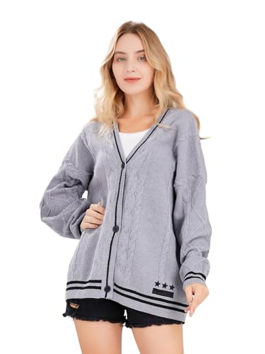 Image of ebossy Women's Open Front Stars Embroideried Cable Knit Cardigans Button Down Sweater Outwear