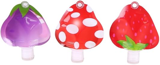Juprev Mini Travel Reusable Containers | Leak Proof Pouches in Cute Red Strawberry, Red Mushroom, and Purple Brinjal Designs | Portable, Refillable, Safe for Shampoo & Lotion (Set of 3, 30ml.)