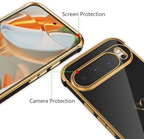 ZTOFERA Designed for Google Pixel 10/10 Pro Case,Cute Plating Edge Love Hearts Pattern with Camera Lens Protection Phone Cover for Google Pixel 10/10 Pro 6.3 inch,Black - 1