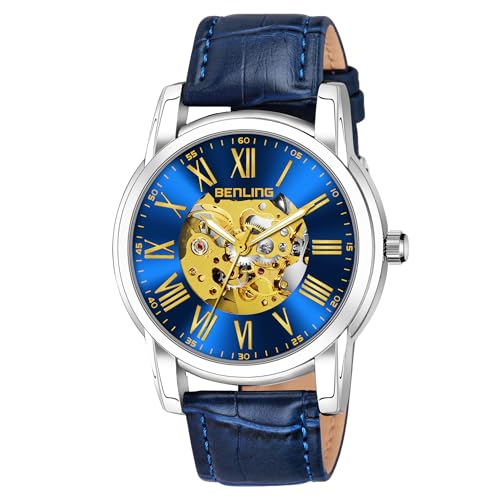 Image of Benling Skeleton Analog Automatic Watch for Men, Mechanical Movement, Leather Strap, Formal Casual Party Official Purpose