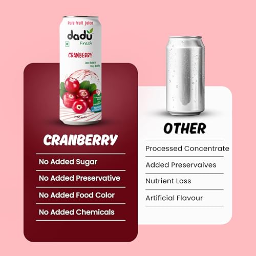 Image of Dadu Fresh Cranberry Juice | Pure Natural Fruit Healthy Beverage | Not from Concentrate, No Added Sugar, No Preservatives or Artificial Flavours | Vitamin Rich & Naturally Refreshing | 4 Cans x 320ml (1280ml)