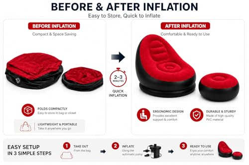 Image of Inflatable Air Sofa Chair with Ottoman & Automatic Electric Pump, Portable Flocked Blow Up Lounge Chair for Living Room, Bedroom, Camping & Outdoor Use (Red)