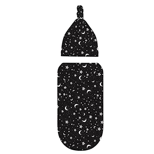 Image of Ykklima Baby Newborn Swaddle Blanket with Beanie Hat- Black White Moon and Star Pattern Receiving Blanket Sleep Sack for Girls Boys Infant Gifts