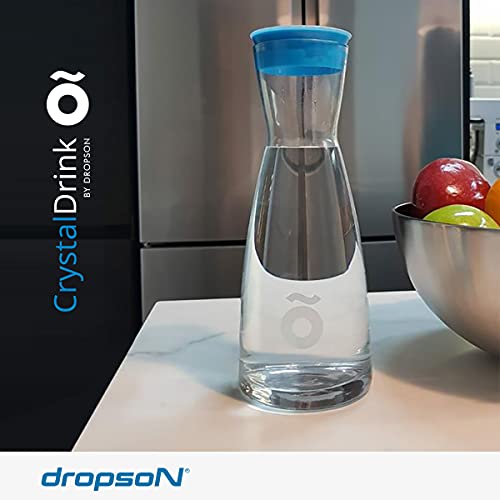 dropson - Jarra con Filtro - Modelo CrystalDrink - Jarra de Agua de Cristal 1L con Tapa en Color Azul + Filtro de Agua para Grifo, Lata Filtrante 300 litros