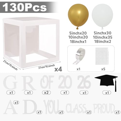 Graduation Decorations 2026,4 Pcs Transparent Balloon Boxes with Letters of GRAD,PROUD OF YOU,Class of 2026 and 130pcs White Gold Balloons Arch for High School College 2026 Grad Party Supplies by Staraise - Used condition - Image 2