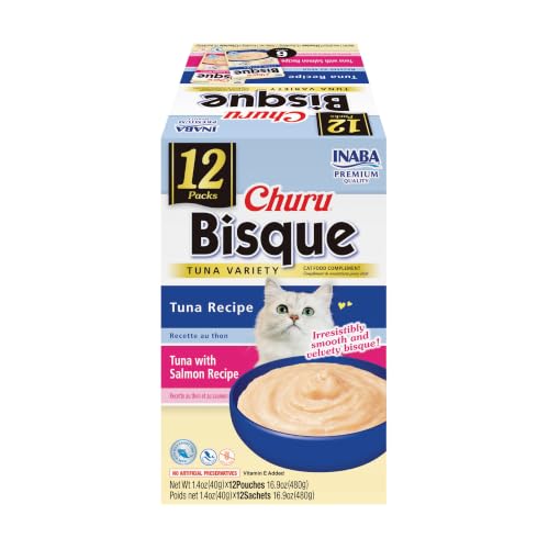 INABA Churu Bisque for Cats Creamy Lickable Pure Side Dish with Vitamin E 1.4 Ounces per Pouch 12 Pouches Tuna Variety