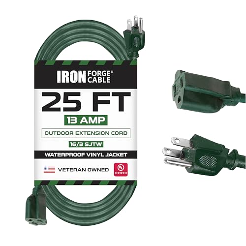 Iron Forge Cable Weatherproof 25 Ft Outdoor Extension Cord - 16/3 SJTW Heavy Duty Green Extension Cord 3 Prong - 13 Amp Exterior Power Cable