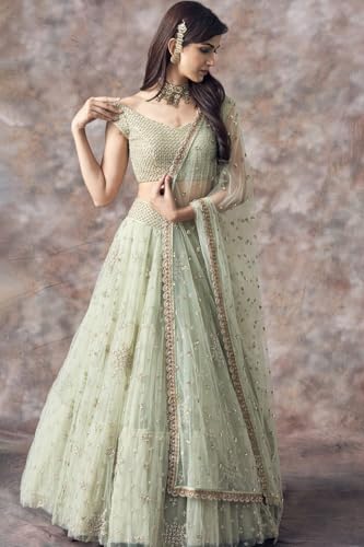 Image of JIHU CULTURE Pista Green Soft Net Embroidery Work Semi Sttiched Lehenga Choli Set For Women