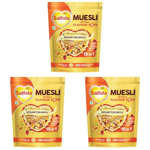 Image of Saffola Muesli Kesar Crunch with Flavour Pops, 450 gm | 15 in 1 Fruit and Nuts, Seeds, Millet & more | Cereals for breakfast with wholegrain, protein, fibre (Pack of 3)