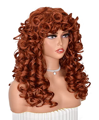 Annisoul Copper Curly Wigs For Black Women Long Curly Afro Wig With Bangs For Women Big Bouncy Fluffy Synthetic Fiber Glueless Hair For Cosplay And Daily #TOP3
