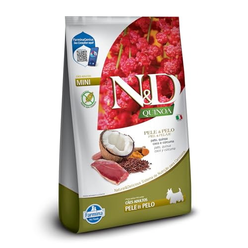 Qual a Melhor Ração para Pelo de Cachorro de 2025? Melhores Ranking 11 N&D Quinoa Pele e Pelo Ração para Cães Adultos Raças Mini Pato 2,5 kg
