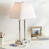 Amity Modern Table Lamp with Hotel Style USB & AC Outlet Brushed Nickel Side Outlet for Bedroom Endtable Nightstand - Possini Euro Design