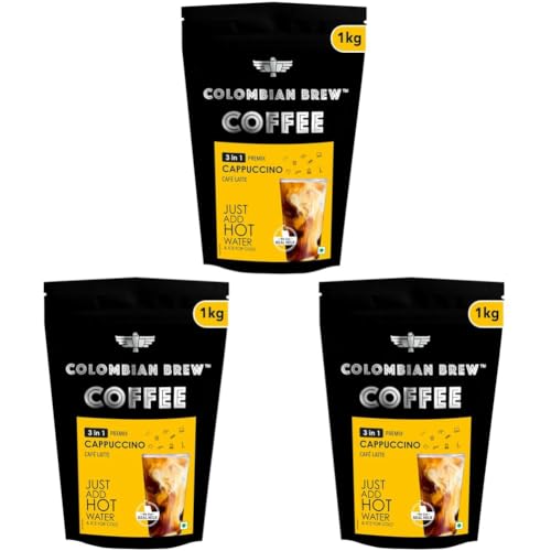 Image of Colombian Brew 3 in 1 Cappuccino Cafe Latte, Instant Coffee Powder Premix 1kg Pouch (Pack of 3)