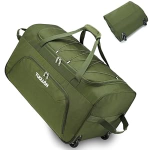 TUGUAN Large Holdall with Wheels, 110L Foldable Roller Duffle Bag & Travel Hand Luggage with Bungee, 28 inch Collapsible & Packable Rolling Duffel for Storage Traveling Camping, Green