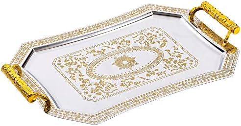 GURUDAR Vintage Stainless Steel Serving Tray, 17" x 12", Large Decorative Coffee Tea Food Table Tray with Golden Engraving Pattern & Plastic Handles for Kitchen Restaurant and Bar