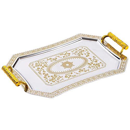 Gurudar Vintage Stainless Steel Serving Tray, 17" X 12", Large Decorative Coffee Tea Food Table Tray With Golden Engraving Pattern & Plastic Handles For Kitchen Restaurant And Bar #TOP17