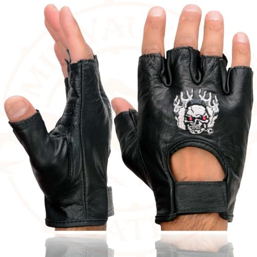 Image of Milwaukee Leather SH198 Men's Black Flame Embroidered Fingerless Gloves with Gel Palm | Padded Comfort; Vibration Relief; Flame Embroidery