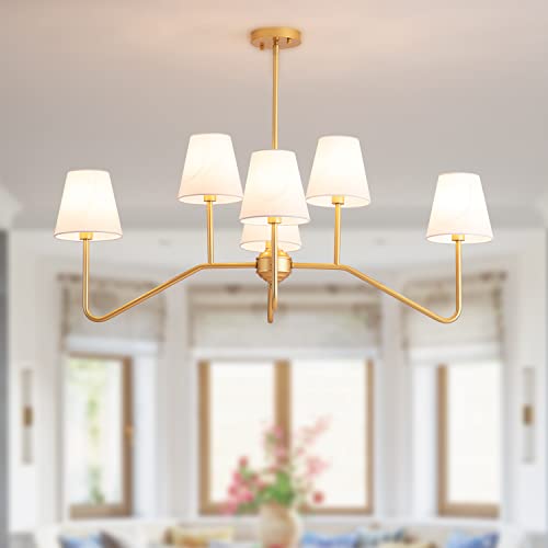 9Mmml 39" 6 Arms Kitchen Island Lighting,6 Lights Dining Room Chandelier,Gold Body + Fabric Shade Fixture For Hallway Entryway Foyer Living Room,6 E12 Bulb Included #TOP2