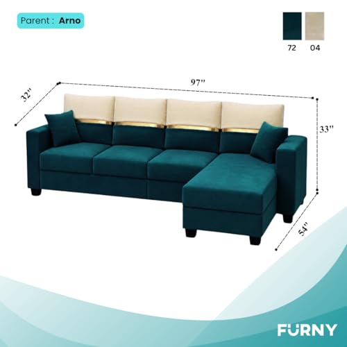 Image of Furny Arvea 5 Seater Fabric RHS L Shape Sofa Set (Greenish Teal) | Soft Velvet Fabric | Modern Design | Comfortable Seating | Living Room Furniture