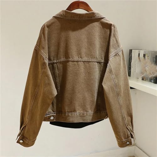 Vintage Brown Denim Jacket Women Long Sleeve Big Pocket Outerwear Lapel Short Style Jean Jacket2