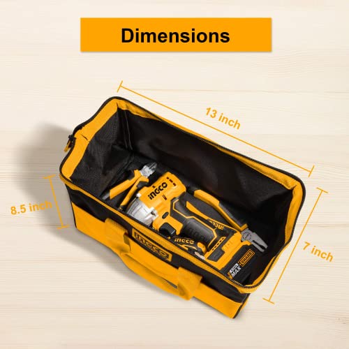 Image of Ingco 13 Inch Tool Bag, Tool Storage Bag with Wide Mouth Multi-use Tool Tote Bag With 6 Pockets Outside, Waterproof for Construction Carpentry Gardening