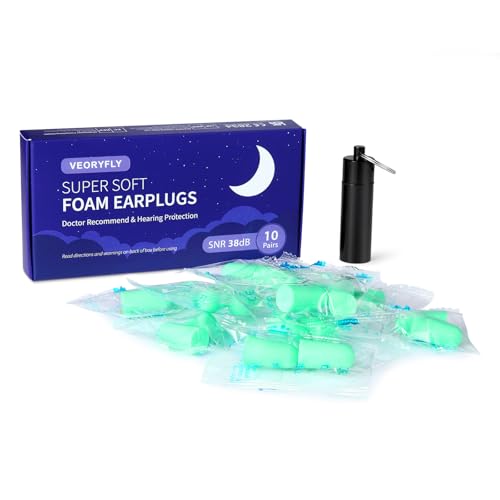 VeoryFly Ear Plugs for Sleep, NEW Soft Foam Ear plugs-10 Pairs Reusable Noise Cancelling Ear Plugs with a Travel Case, 38dB SNR Noise Reduction Earplugs for Deep Sleeping, Snoring, Concert, Study,Work