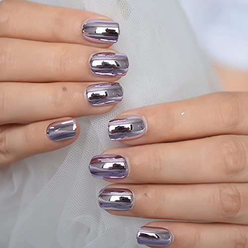 24Pcs Metallic Chrome Short Length Press On Nails High Shine Mirror Fake Nail Set Round Tip False Acrylic Nails Purple Solid Color Salon Manicure #TOP1